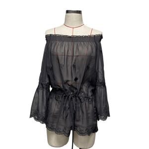 Kenar Womens Size M Black Off Shoulder Sheer Embroidered Blouse